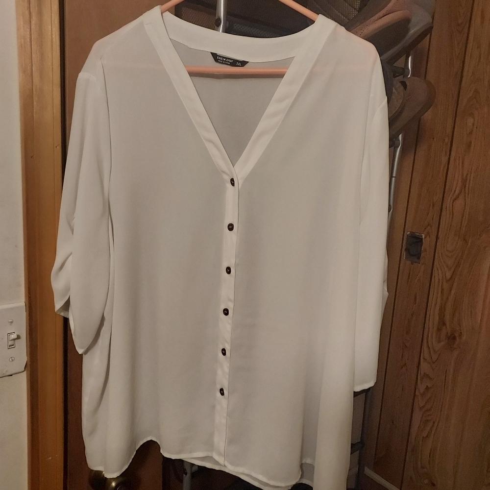 White Plus Size Sheer Button Down Tab Sleeve Top